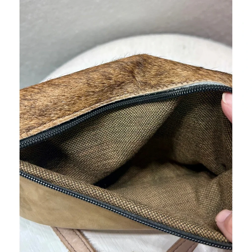 Tan Leather Cowhide Hair On Hide Foldover Crossbody Wristlet Bag